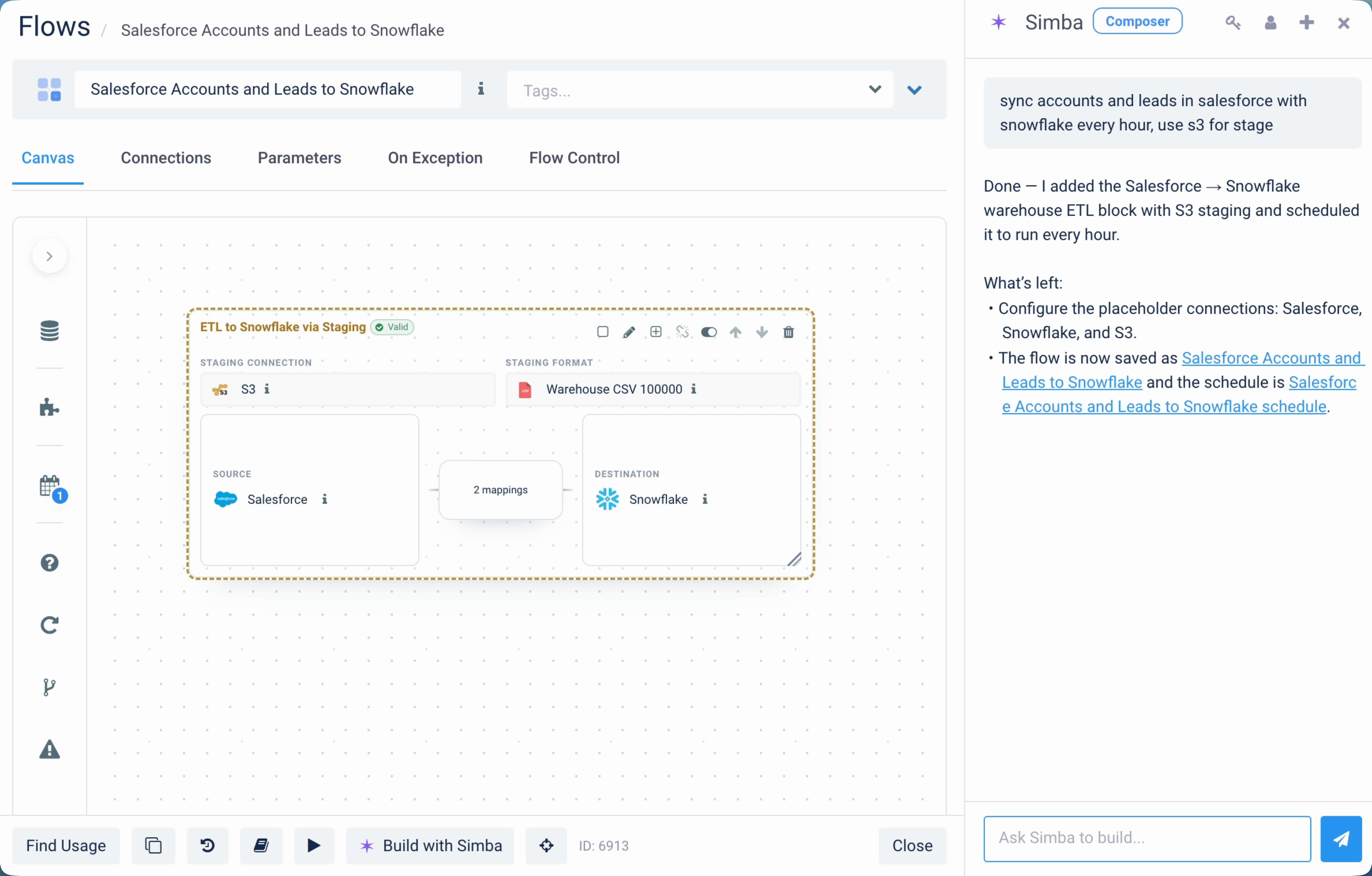 Etlworks Composer with Simba AI agent showing a Salesforce to Snowflake flow