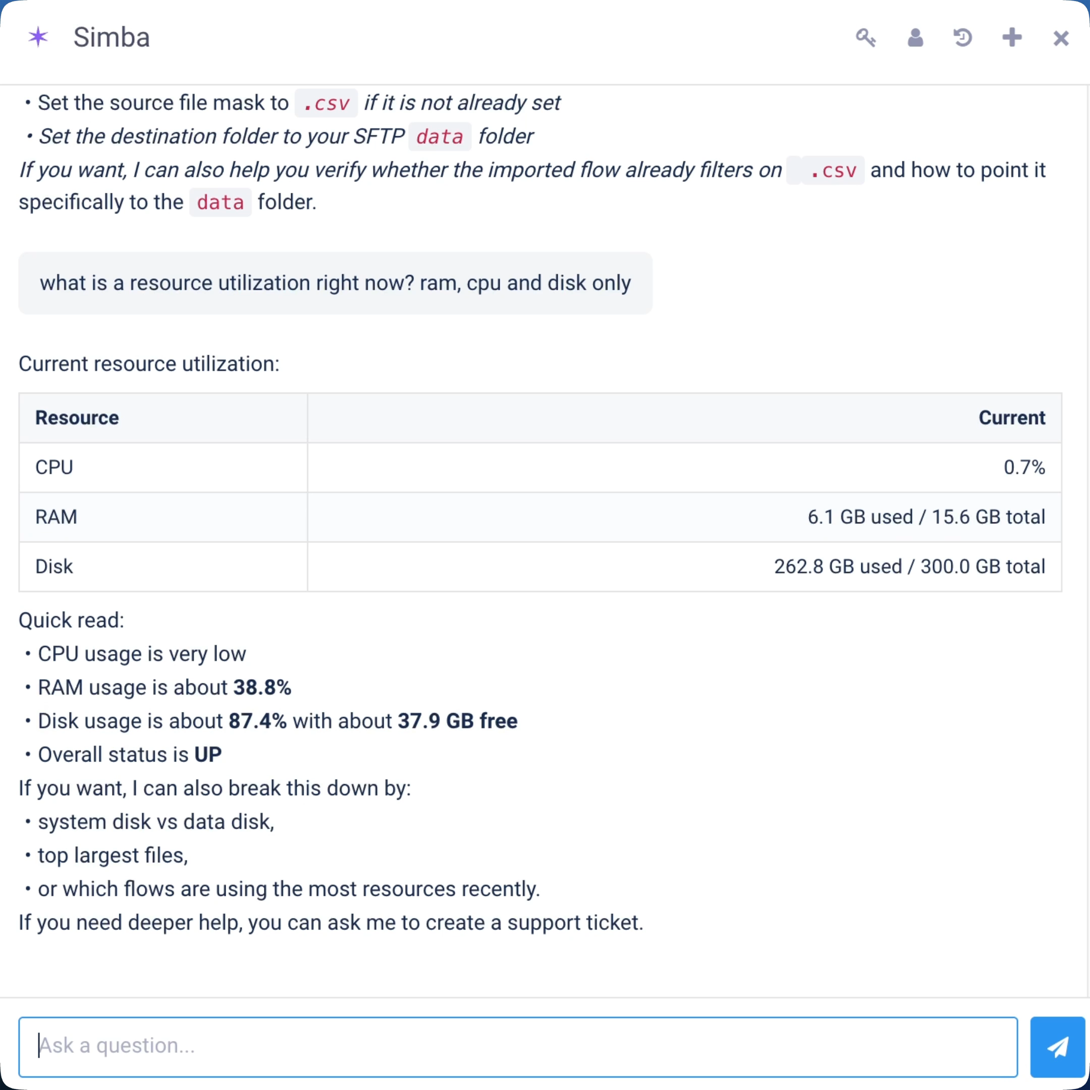 Simba chat panel — agent answering a resource-utilization question with a CPU/RAM/disk table